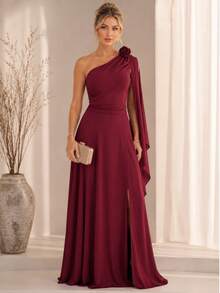 Bridesmaid Dress For Party Guests Reception Graduation Without Shine Cape Sleeve In Fluity Cpom Flower Brooch - 紅木色 - 查看 1