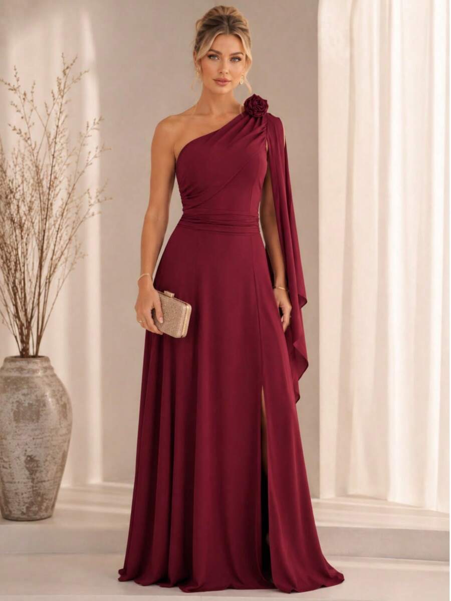 Bridesmaid Dress For Party Guests Reception Graduation Without Shine Cape Sleeve In Fluity Cpom Flower Brooch - 紅木色 - 查看 1