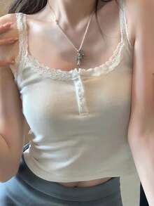 性感風蕾絲細肩帶背心上衣 女款夏季內搭外穿修身短版露背上衣 休閒白色 - 白色 - 查看 4