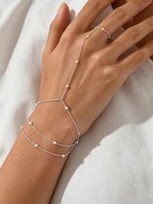 Fashionable Women's Daily Beaded Bracelet Ring, Adjustable 3-Layer Finger Bracelet, Summer Party Jewelry - Silver - View 2