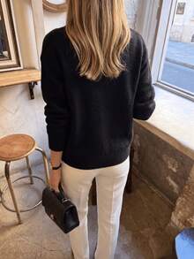 Women's Rhinestone Polka Dot Decor Plush Knit Crew Neck Loose Long Sleeve Sweater, Suitable For Back To School, Commuting, Daily Autumn Wear - Black - View 6