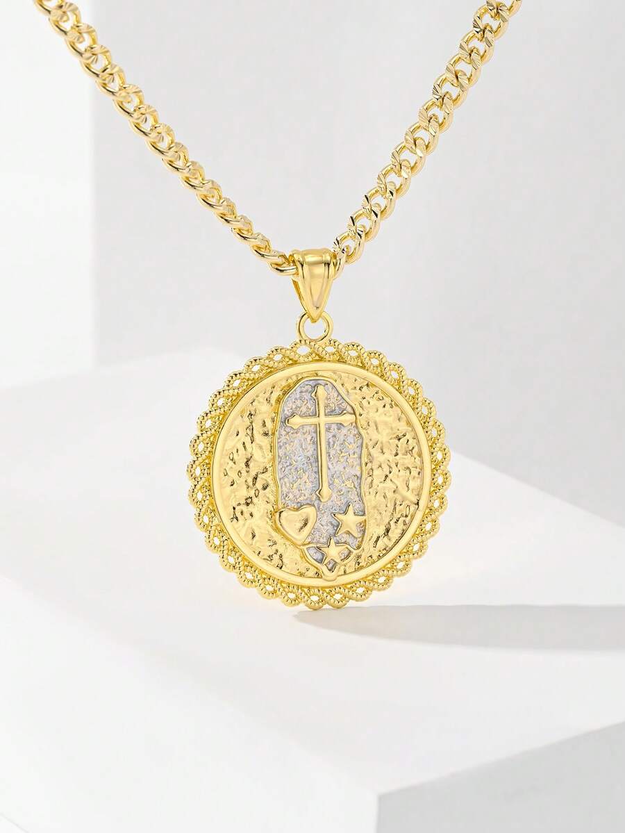 1pc 14K Gold Plated Copper Dual-Color Lace Cross Heart Star Round Pendant Necklace, Wavy Lace Hammered Silver Base Cross Gold Heart Five-Pointed Star Embossed Design With Cuban Chain, Suitable For Christmas/Thanksgiving/Halloween/Mother's Day/Valentine's Day Couples/Friends/Fellow Believers Gifts, Catholic First Communion, Gifts, Daily Holiday Wear And Prayer
