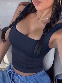 Women Square Neck Wide Strap Stretchy Slim Fit Crop Tank Top Basic Casual Camisole For Vacation Beach Street Daily Outdoor Wear - 藏蓝色 - 查看 10