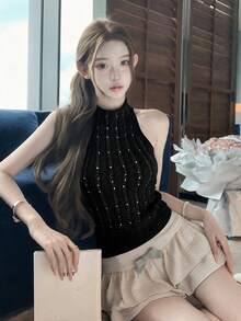 性感重裝飾水鑽立領無袖針織背心女款 夏季設計修身顯身材短版上衣 黑色 - 黑色 - 查看 6