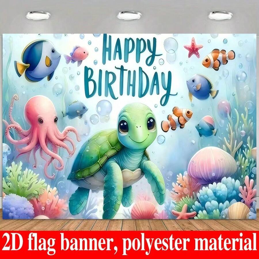 2D 水下探險生日橫幅與海龜－聚酯纖維海洋主題派對背景布，1件，海洋主題蛋糕桌裝飾，相框配件，無需用電