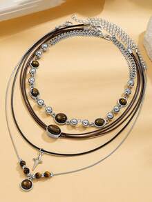 Vintage Brown Leather Gemstone Pendant Necklace Layered Choker Collarbone Chain For Women And Girls Autumn/Winter - Multicolor - View 5