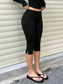 Solid Color High Waist Capri Casual Leggings, Hot Girl Style Sporty Home Wear Versatile Commute Trousers Black Summer - Black - View 7