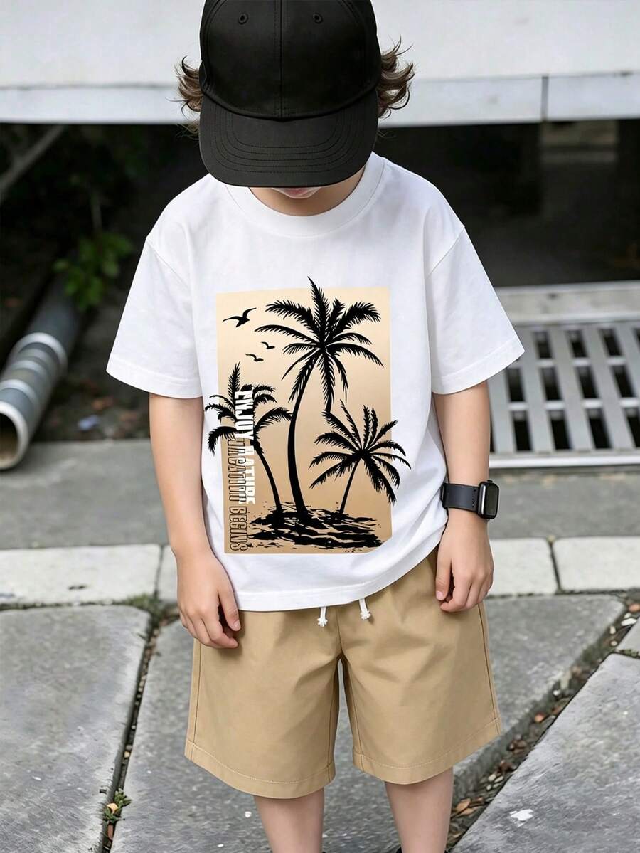 青少年男孩棕榈树印花短袖 T 恤和短裤两件套夏季套装 - 白色 - 查看 1