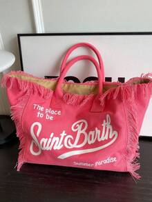 Bolso Tote de Lienzo Dopamina con Borlas, Bolso de Hombro y Mano de Gran Capacidad para Viajes Diarios - Rosa - Ver 2