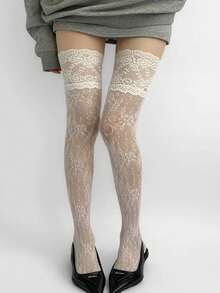 1 Pair Women's White Contrast Lace Trim Versatile Comfortable Knee-High Socks For Daily Wear - Multicolor - View 3