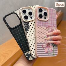 3 buah Casing Ponsel Pelindung Penuh TPU Tekstur Kulit Motif Polka Dot Kompatibel dengan Apple 11/12/13/14/15/16/17 Pro Max - Hitam + Merah Muda + Putih Klasik - View 5