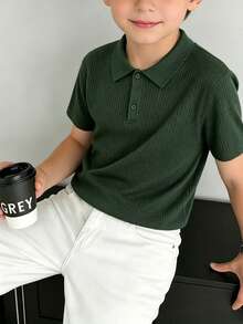 Teen Boys Minimalist Vertical Striped Knit Polo Shirt, Elastic Soft Versatile Daily Short Sleeve Knit Top - Green - View 1