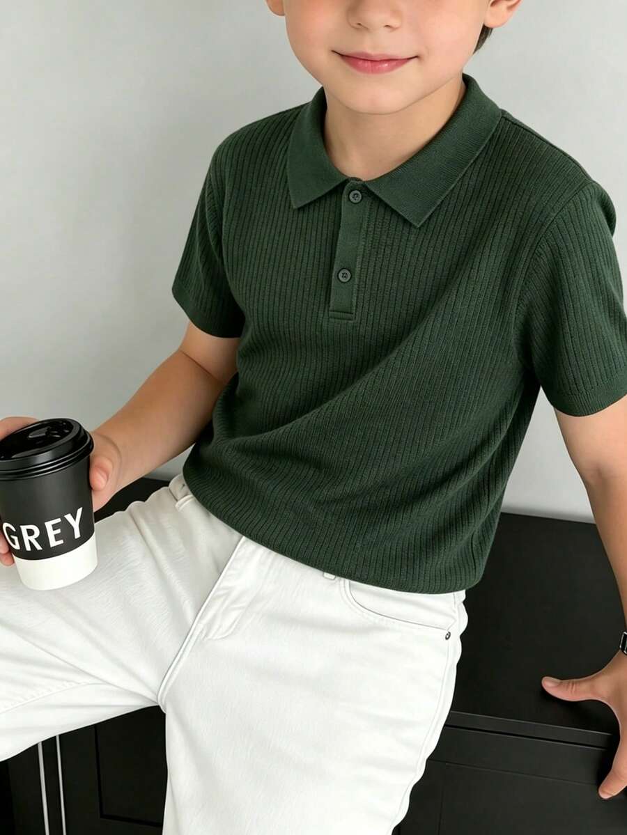 Teen Boys Minimalist Vertical Striped Knit Polo Shirt, Elastic Soft Versatile Daily Short Sleeve Knit Top - Green - View 1