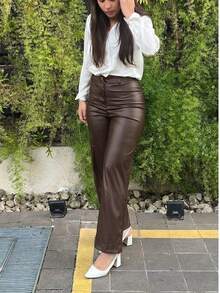 Women's Faux Leather Wide Leg Palazzo Pants With Pockets, Button And Zipper, Synthetic PU - 鏽棕色 - 查看 8