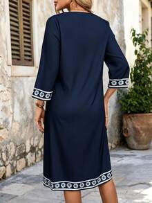 Women's Bohemian Style A-Line Short Shirt Dress, Collared Long Sleeve, Button Front, Ruffle Hem - Blue - View 2