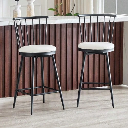 Modern Metal Windsor-Style Bar Stool With Padded Seat For Kitchen Islands, Bars, Restaurants - White - View 1