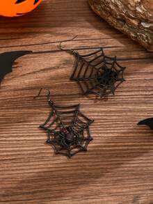 1 Pair Halloween Punk Style Black Spider Web Earrings With Purple Glass Gemstone - Spider - View 3