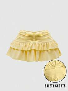 Falda mini negra casual de verano con volantes de encaje y plisados en capas, adecuada para fiestas, compras - Mostaza Amarilla - Ver 1