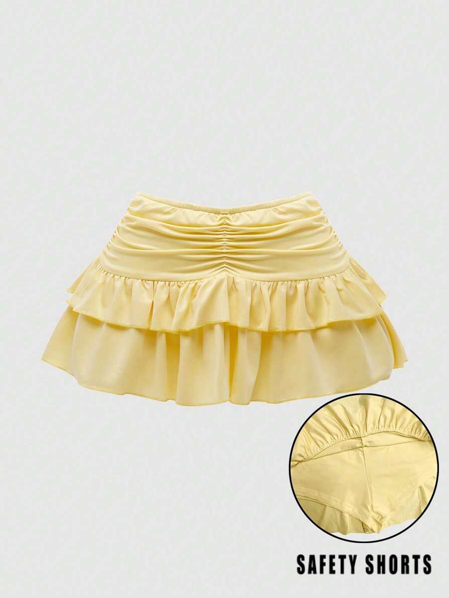 Falda mini negra casual de verano con volantes de encaje y plisados en capas, adecuada para fiestas, compras - Mostaza Amarilla - Ver 1