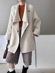 Fashion Women's Wool Blend Mid-Length Coat, Waterfall Collar, Raglan Sleeves, Belt Detail, Suitable For Autumn/Winter Wear. Nyfw. - Oatmeal - View 6