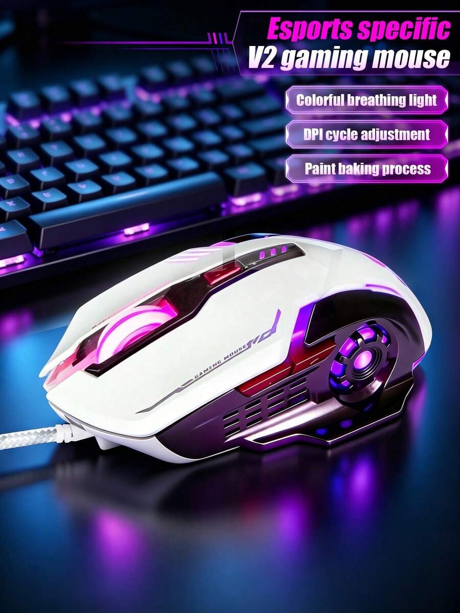 Wired Gaming Mouse V2, RGB Colorful Breathing Light E-Sports Mouse, 4 Level Adjustable 3200 DPI Ergonomic Mechanical Game Mice, Paint Baking Process USB Wired Computer Mouse For PC Laptop Gamer, Cool White Gaming Accessory - View 1
