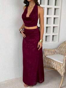 Unadoll Women Fall Burgundy Halter 2 Piece Set,Cowl Back Tie Crop Top Midi Skirt For Birthday Cocktail Party Going Out - Burgundy - View 6