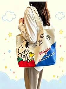 SNOOPY 1件裝卡通史努比帆布托特包，大容量單肩手提包，可愛花生漫畫印花休閒包，適合學校日常購物，送給女孩和女性的可愛禮物 - 多色 - 查看 4
