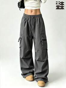 mulinsen Women's Drawstring Waist Cargo Pants, Casual Loose Streetwear Techwear Long Pants - Dark Grey - View 1