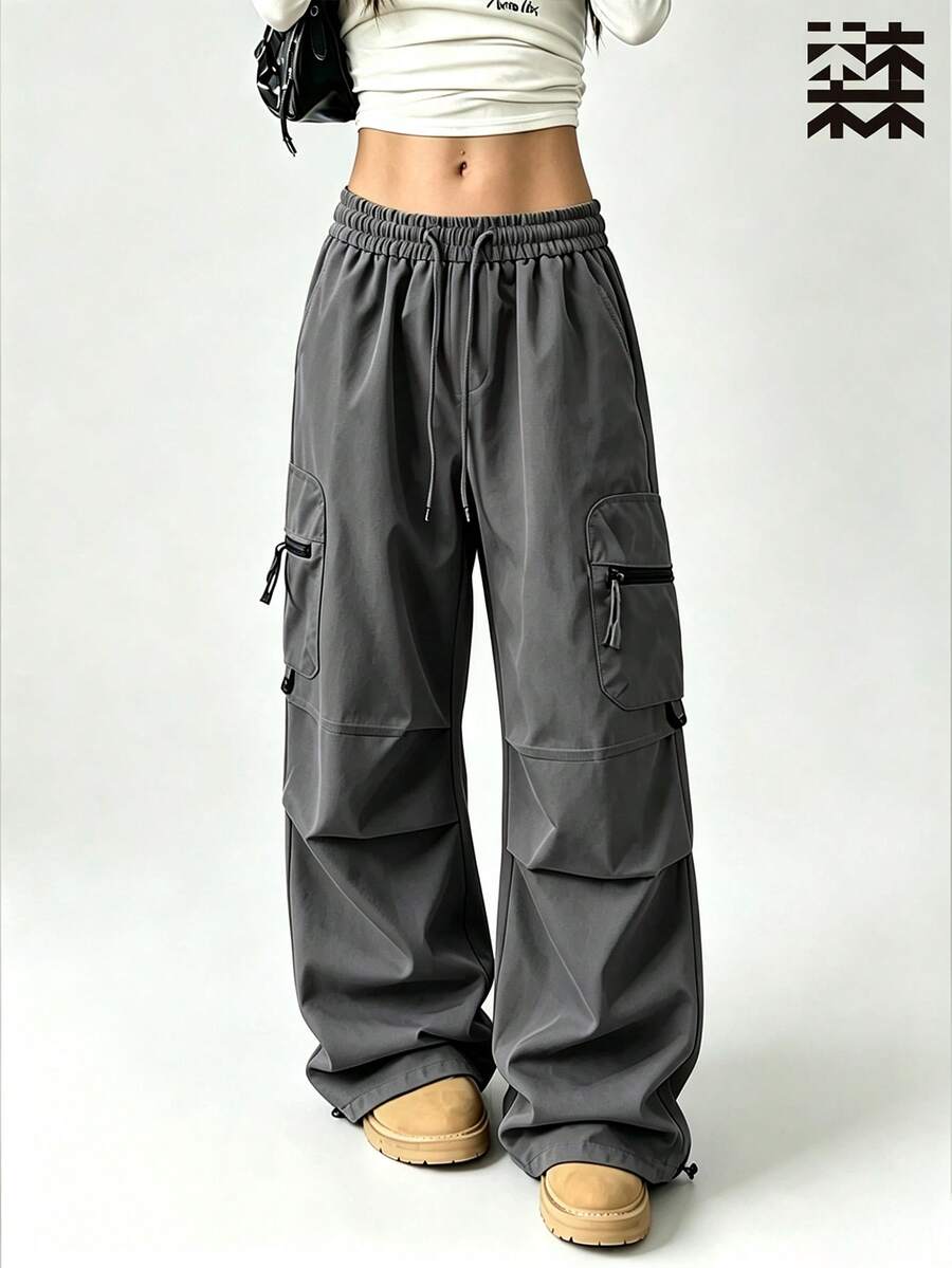 mulinsen Women's Drawstring Waist Cargo Pants, Casual Loose Streetwear Techwear Long Pants - Dark Grey - View 1