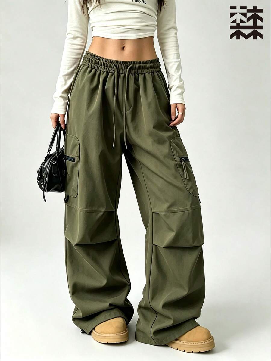 mulinsen Women's Drawstring Waist Cargo Pants, Casual Loose Streetwear Techwear Long Pants - Army Green - View 1