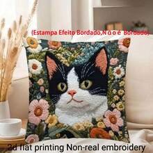1pc Cute Cat Print Pillow Cover (Printed Design, Not Embroidered), Adorable Cat & Flower Pattern, Polyester Fabric Single-Sided Printed Cushion Cover, Zipper Closure, Machine Washable, Suitable For Home Decor, Wedding, Office Or Studio, Decorative Pillow, 18.0x18.0 Inches - Multicolor - View 11