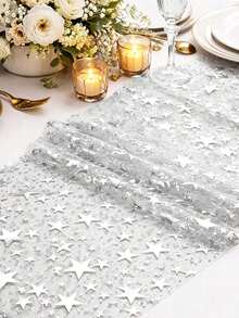 1/2/3pcs Shiny Silver Foil Star Print Table Runner, Metallic Fabric Dining Table Centerpiece Decor Cloth, Suitable For Multiple Holidays, Weddings, Birthdays, Christmas And Spring Events, Home Indoor Tabletop Decoration, Creative Holiday Gift - Silver - View 3
