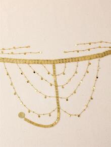 1Pc Retro Multi-Layer Disc Tassel Women Head Chain, Wide Belt Spliced With Dense Small Discs, Hair Jewelry For Arab Brides Wedding Festival - Gold - View 2
