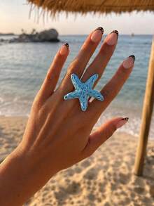 1件海灘度假風拉菲草海星可調節戒指，女款通勤與旅行百搭藍色飾品 - 藍色 - 查看 1