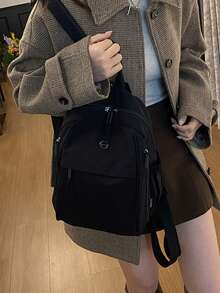 Women's Backpack Solid Color Nylon Fabric Zipper Detail Large Capacity Casual Style For School Daily Use - Black - View 6