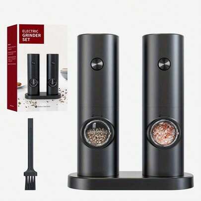 2件組電動鹽與胡椒研磨器套組，可調節粗細，陶瓷研磨石，單手操作，烹飪配件[現代廚房用具 | 可補充研磨器操作，可補充，LED燈，緊湊設計適用於廚房與餐廳，電池供電（不含電池）