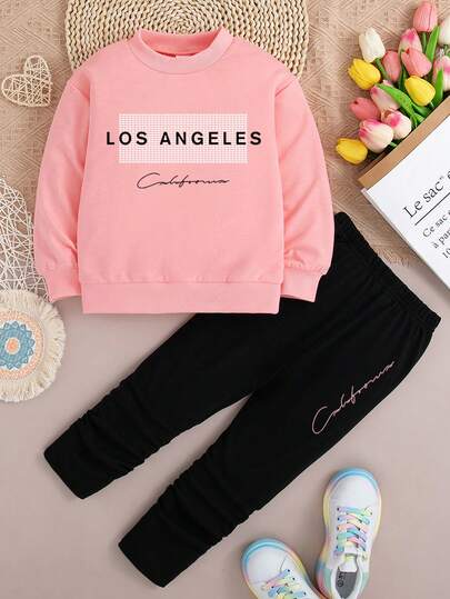 Tween Girl Letter Print Crew Neck Sweatshirt And Leggings Casual Set