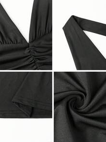 Elegant Women's Black Halter Neck Knit A-Line Maxi Dress, Suitable For Formal Occasions, Sleeveless Slightly Elastic Fabric, Comfortable All Day - Black - View 11