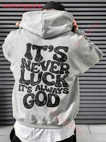 Men's Loungewear Black Hoodie For Men With White Print "It's Never Luck, It's God" On The Back - Casual Sweatshirt, Religious Faith Clothing, Warm-L91 - 灰色 - 查看 9