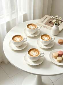 6pcs/1pc European Style Pumpkin Shaped Ceramic Coffee Cups 90ml/3oz, Includes 6pcs Tea Cups And Saucers, Cup Body With Embossed Vertical Stripe Design, Edge Decorated With Daisy Petal-Shaped Wavy Decoration - Creamy White - View 7