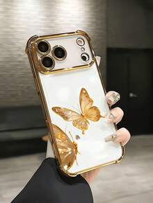 1pc Fashionable Gold Butterfly Pattern Four-Corner [Lens Film] Anti-Drop Airbag Soft Full Coverage Phone Case Compatible With Apple 7/8/X/XR/XSMAX/11/12/13/14/15/16/17Promax Compatible With Samsung A14/A15/A16/A17/A04/A05/A06/A07/A54/A55/A56/A57/A34/A35A/36/A37/S26/S26Plus/S26Ultra Compatible With Transsion SMART7/8/10 Compatible With Honor400/400Pro/400Lite - Gold - View 2