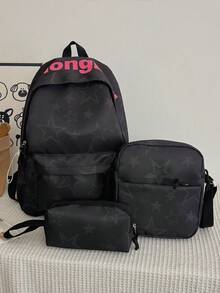 3件組尼龍星星印花背包套裝，可折疊多口袋大容量拉鍊背包，適合青少年、高中生、大學生、女生日常使用、旅行，情人節禮物 - 黑色 - 查看 10