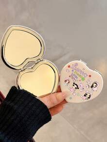 1 Piece Of Yuy Cartoon Girl Cute Leather Small PU Folding Makeup Mirror, Ins Style Cartoon Bow Print Handheld Mini Mirror Suitable For Storage Of Travel Makeup, A Gift For Family And Friends - Multicolor - View 2