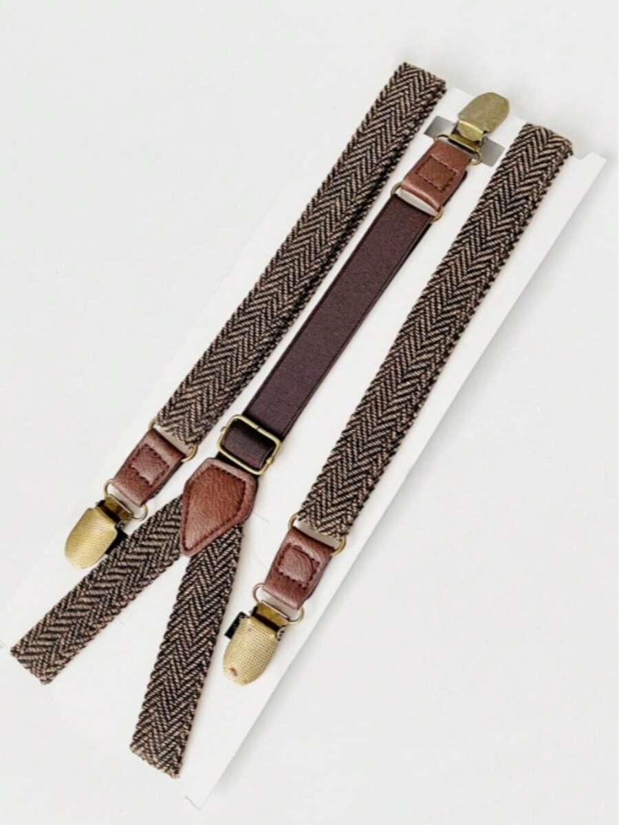 1pc Men's Brown Herringbone 3-Clip Vintage British Style Anti-Slip Suspenders For Dress Pants - Brown - View 1
