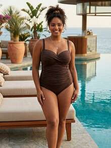 Maiô Plus Size  Casual - Marrom cafe - Visão 2