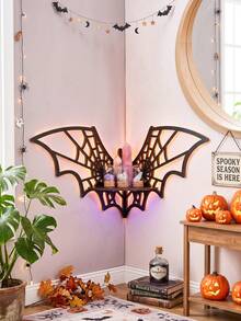 1PC Halloween Decor Bat Spider Web Wooden Corner Floating Shelf/Shelves, DIY Assembly Wall Corner Hanging Shelf, Gothic Style Display Rack, Small Ornament Storage Shelf, Hollow Corner Shelf, Wall Storage Rack, Aromatherapy Display Shelf, Suitable For Halloween Atmosphere Wall Shelf, Bedroom, Study, Entryway Corner Decoration, Halloween Creative Gift - Black - View 2