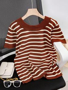 Blusa de punto de manga corta con cuello redondo, a rayas y contraste de color, informal, para talla grande, para verano - Marrón rojizo - Ver 2