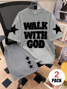 2件組青少年男孩套裝，寬鬆版印有「Walk With God」與五角星圖案上衣 + 運動短褲，柔軟舒適，適合夏季與運動，返校穿搭 - 灰色 - 查看 2