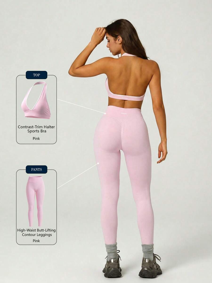 UONNOU Women's Sports Halter Backless Sports Bra & High Waist Peach Butt Lift Seamless Leggings, Slim Fit 2 Pieces Workout Set - Pink - View 1