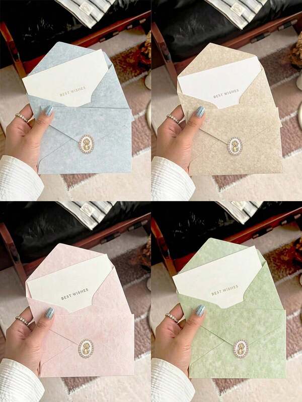 1/5 Sets Hazy Blue Textured Envelope & Greeting Card Set, Wedding Party Invitation, Lime Green Holiday Greeting Card, Invitation, Pink Vintage Blessing Message Card, Handwritten Envelope Set With Embossed Seal Sticker, Love Letter Envelope Set With Greeting Card, Beige Envelope & Letter Paper Set, Romantic Handwritten Letter Invitation